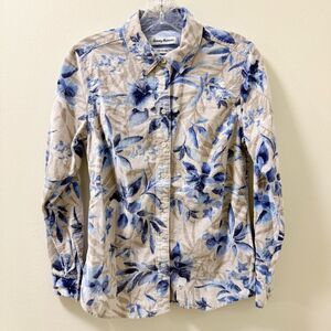 Tommy Bahama XS Floral Button Down Shirt 100% Cotton Long Sleeve Blue Beige